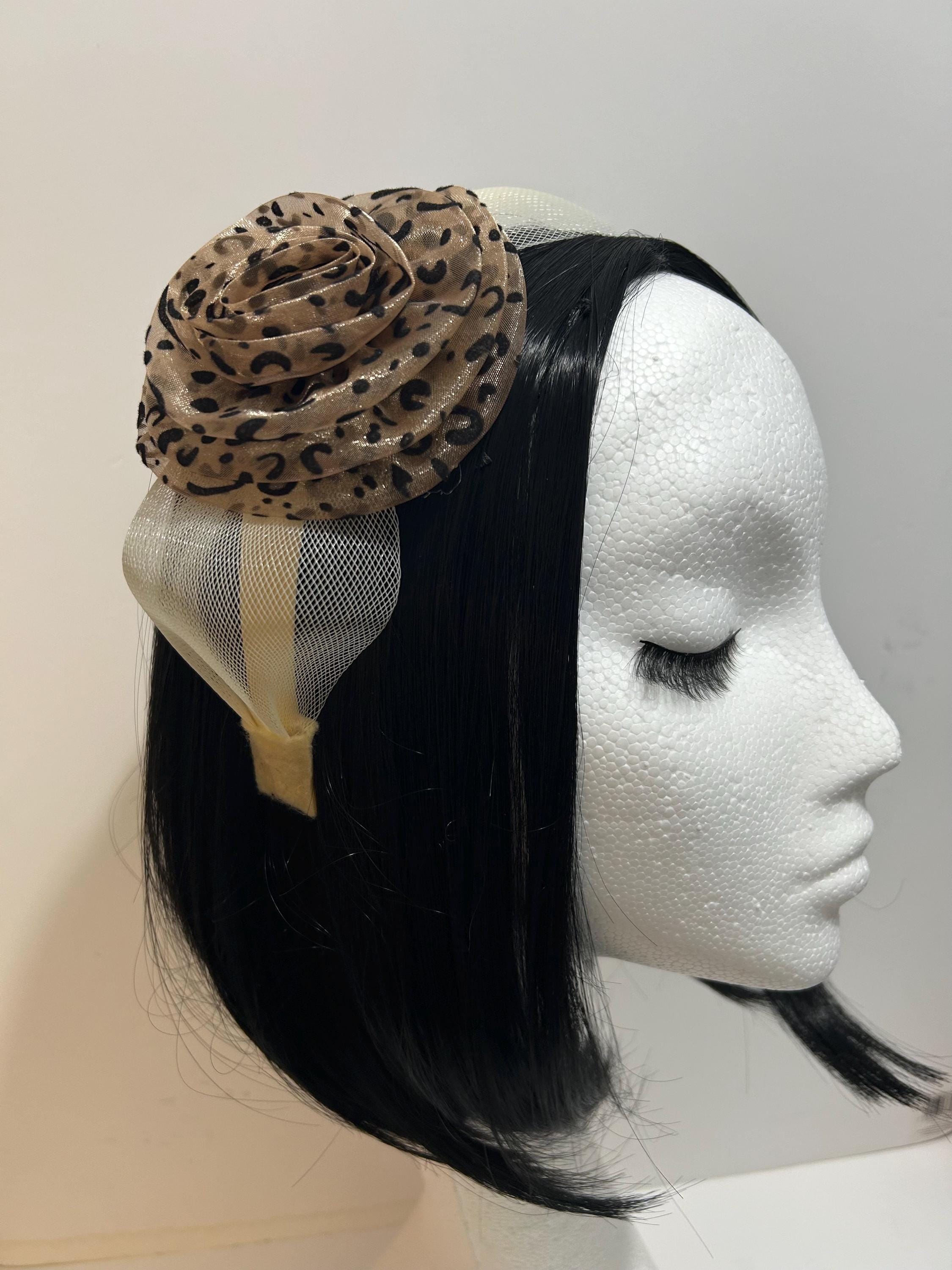 Women\'s Cream & Tan Floral Wide-Brim Fascinator Hat with Leopard-Print Ribbon Leopard Wide Brim Vintage Hats for Women for sale | eBay main image 2