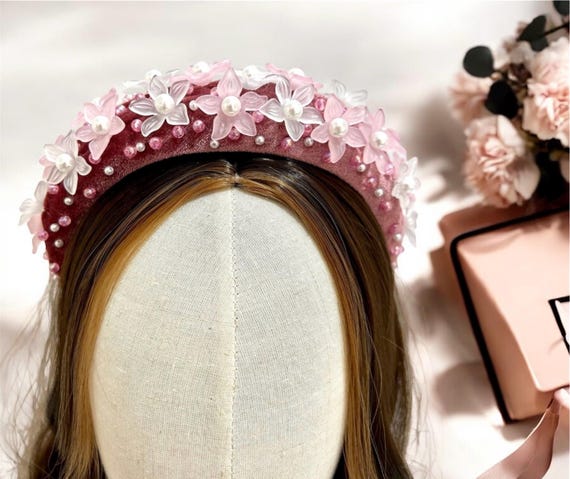 Pink Floral and Velvet One of a Kind Headband Blush Pink Velvet Flower Headband with Birdcage Veil  main image 3