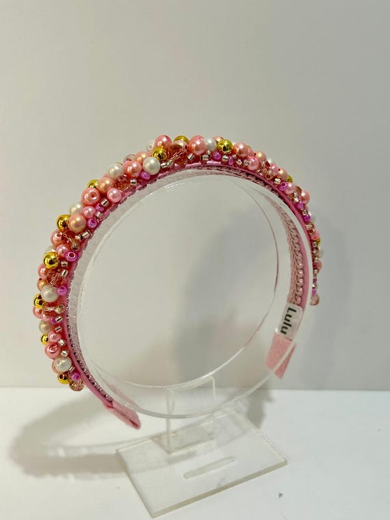 Elegant Pink and Gold Beaded Headband – Handcrafted Pearl  display picture 1