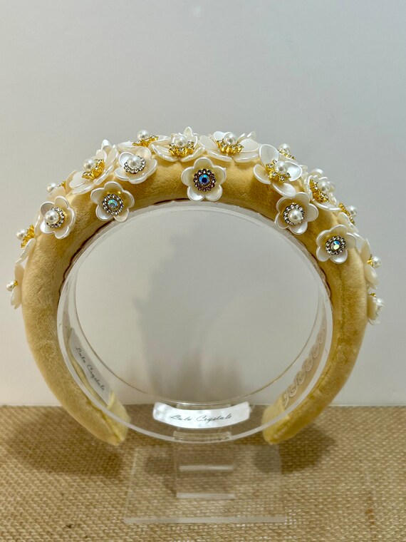 Elegant Cream and Gold Headband Gold Leaf Ivory Cream Pearl Padded Headband Hair Band Head  main image 2