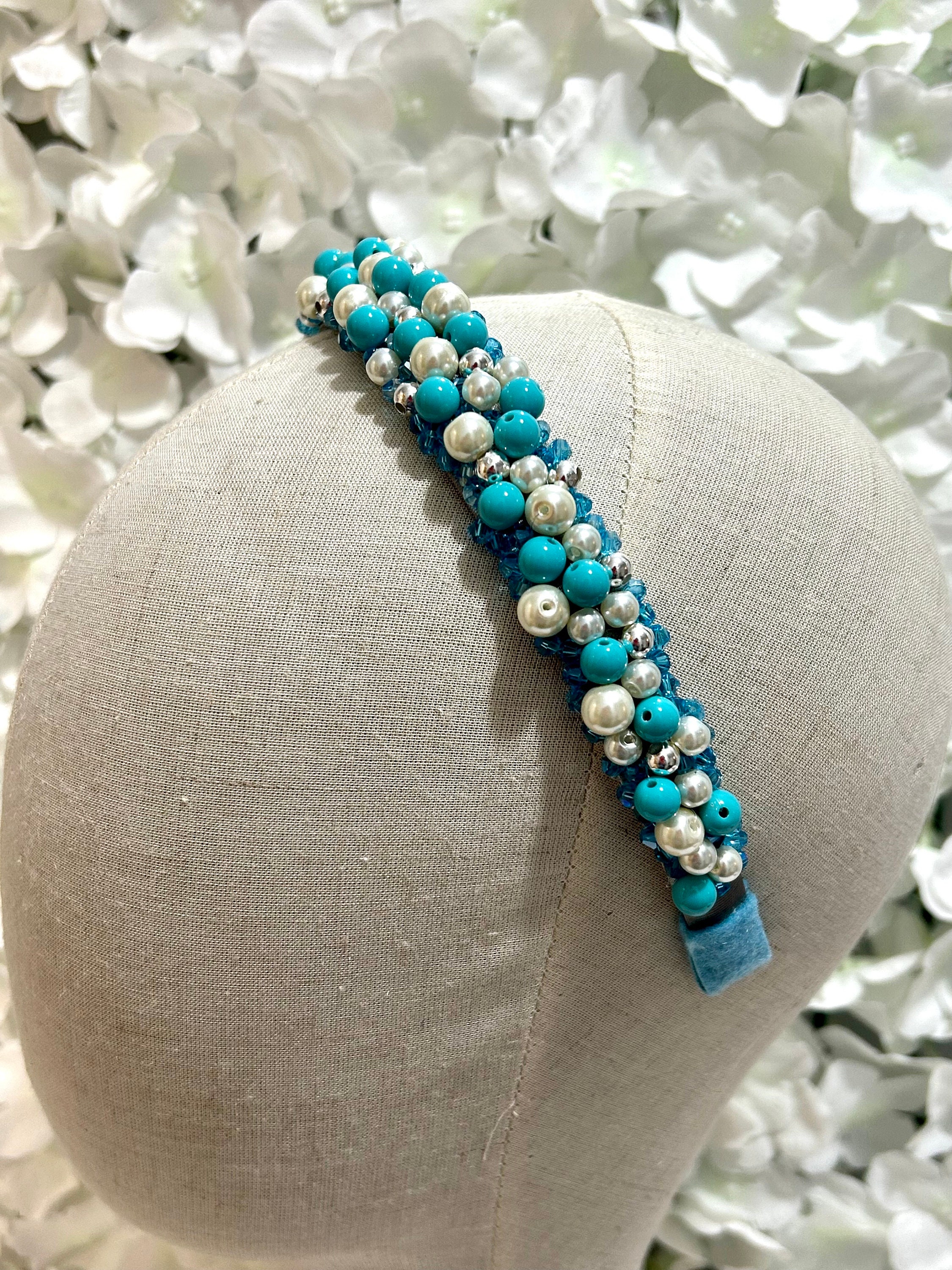Beaded Light Turquoise Headband New Turquoise Beaded Headband - Adjustable Headband - High  main image 3