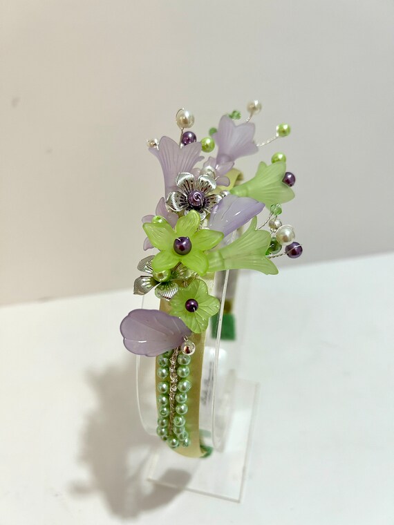 Lime Green Floral Headband: Crystal & Silver Wedding  display picture 1