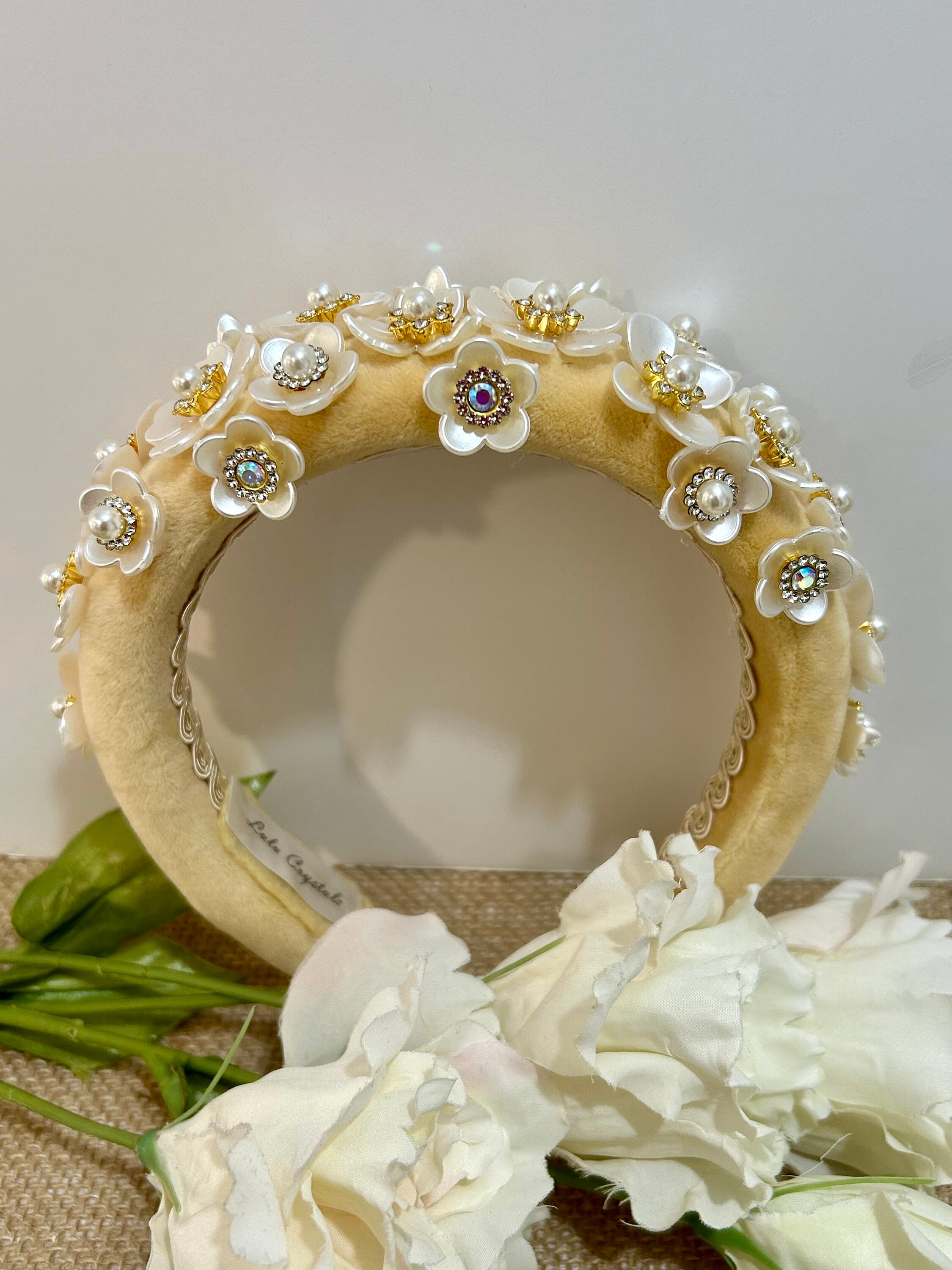 Cream Fabric Headband, Gold Pearlized Floral Headwear - Etsy