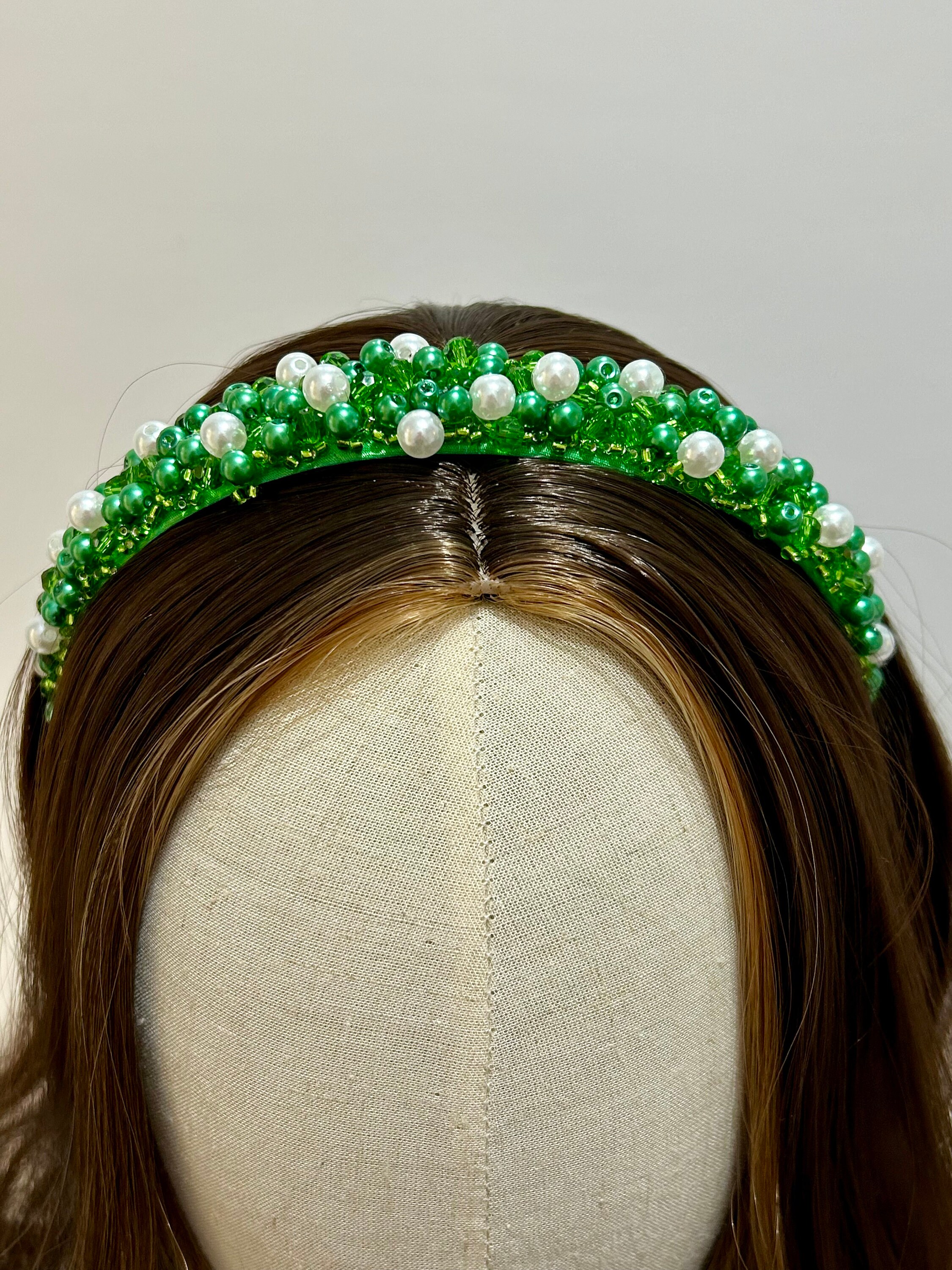 New ✨ Luxe Emerald Green Faux Pearl Beaded Boutique Statement Headband Green and Pearl Headband - Etsy main image 2