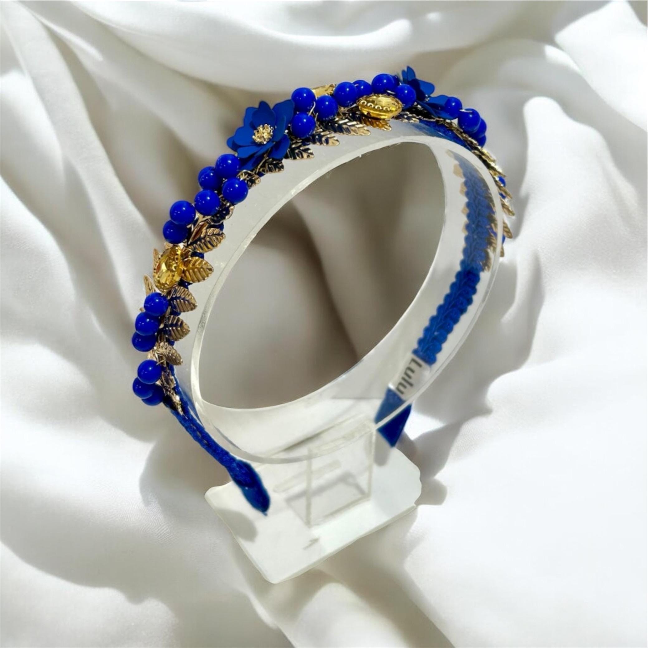 Blue & Gold Beaded Flower Headband: Royal Boho Headwear  display picture 1