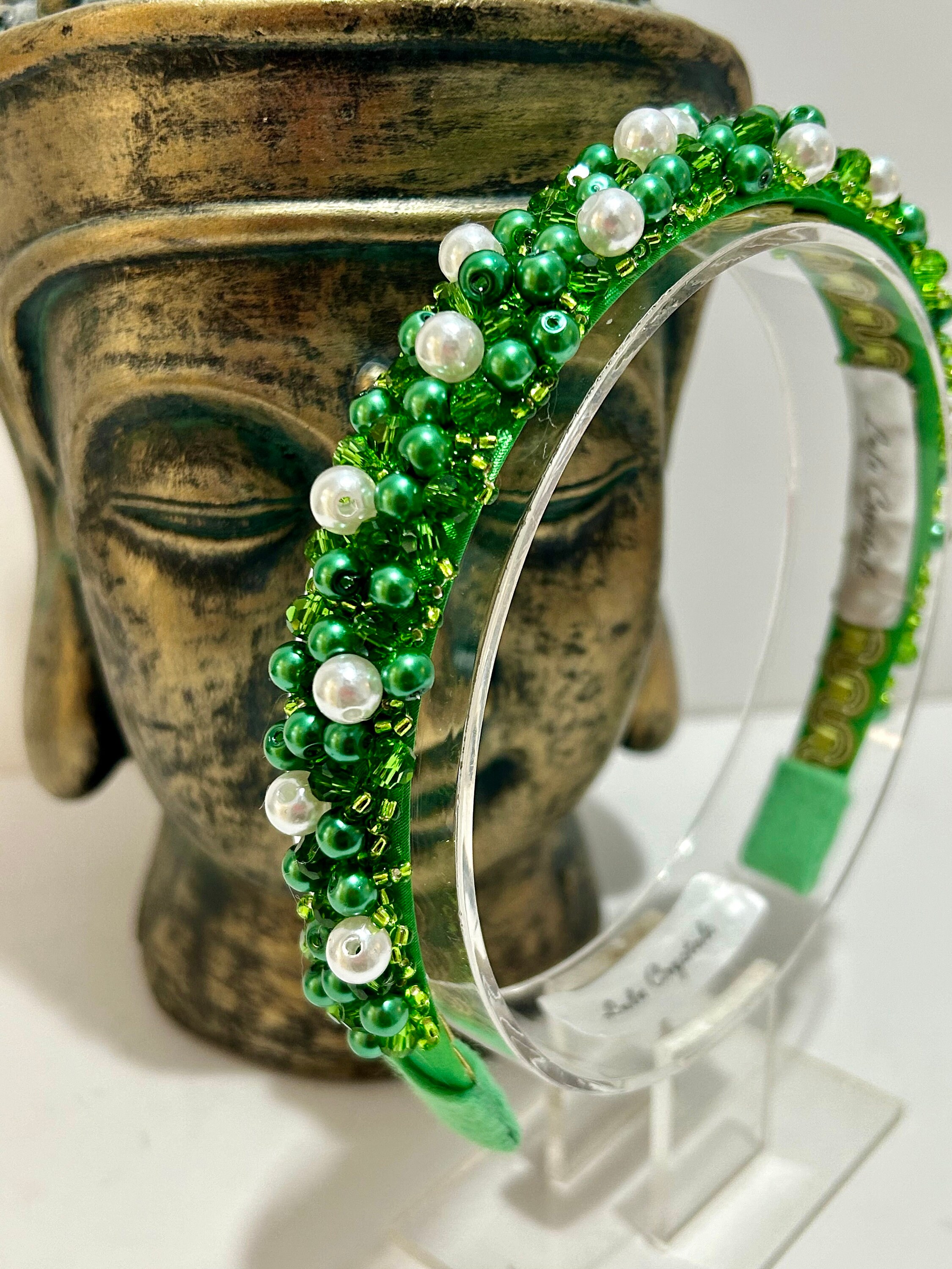 Emerald Green Beaded Headband: Pearl & Crystal Hairband - Etsy display picture 1