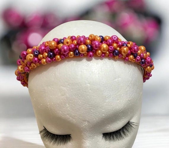 Ornate Beaded Headband: Orange Satin Alice Band, Pink  display picture 1