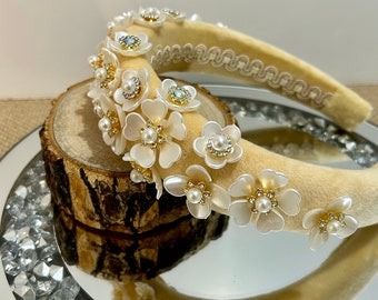 Cream Fabric Headband, Gold Pearlized Floral Headwear - Etsy display picture 1