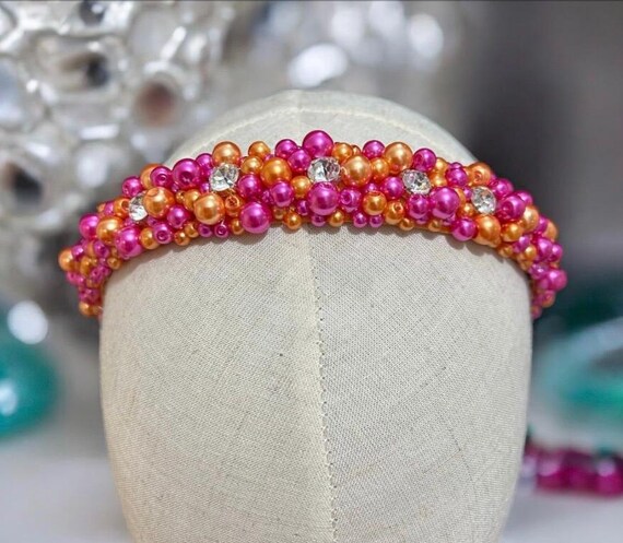 Embellished Pink & Orange Beaded Headband: Jeweled Alice  display picture 3