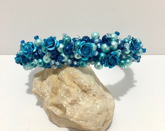 Blue headband, Baroque jewelled embroidered, Ornate, Blue, flowers, school prom, hair piece, crystals, weddings, girls, bridesmaids, beaded