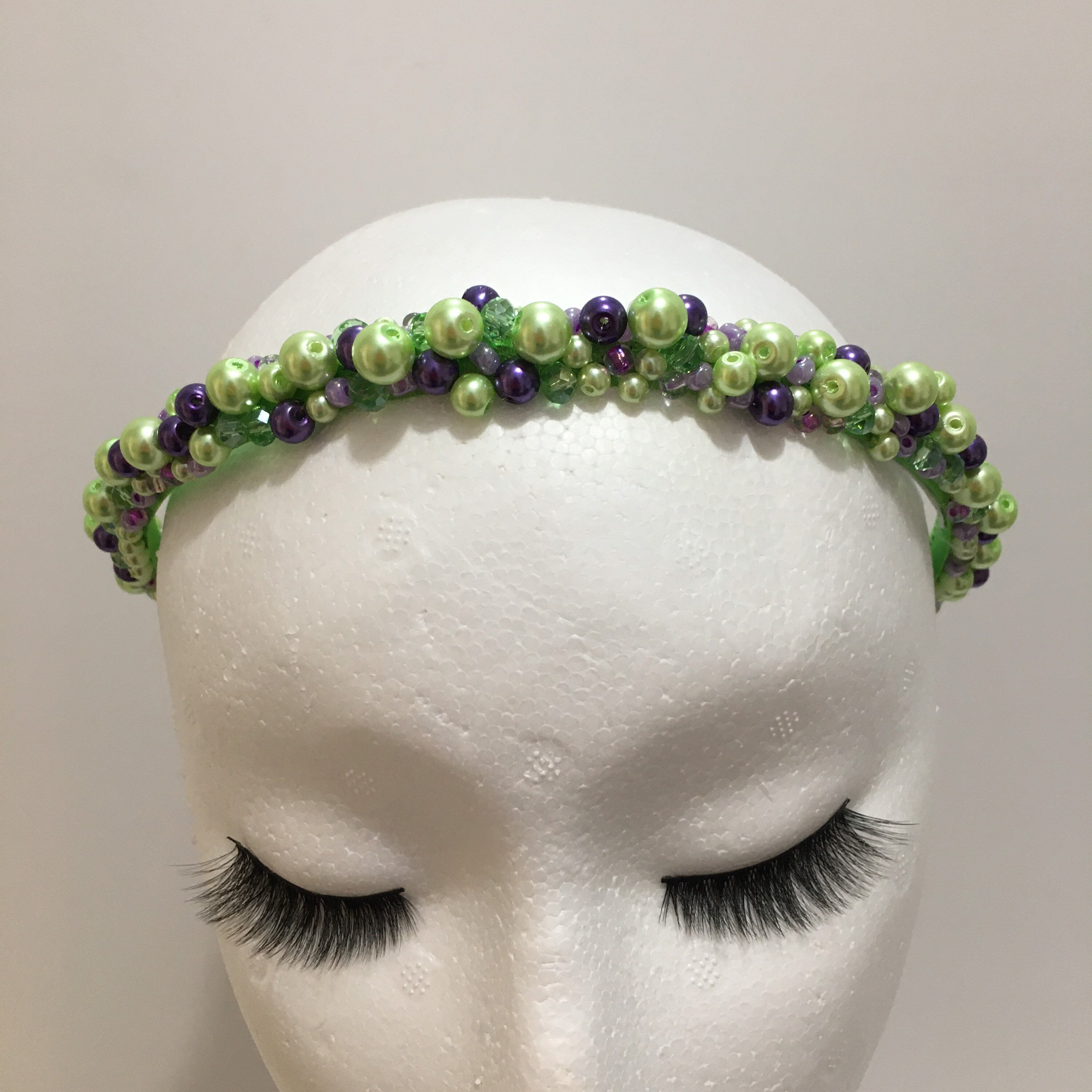 Embellished Headband: Lime Green, Purple Beads, Hand Sewn - Etsy display picture 2