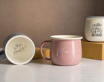 Personalised Engraved Enamel Camp Mug Hidden Message Inside: Custom Engraved Vintage Style