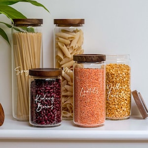 DINALI Glass Jars with Natural Acacia Wood Lids | FREE Custom Decal labels | Glass Pantry Jars | Organise Pantry | Eco Glass Jars