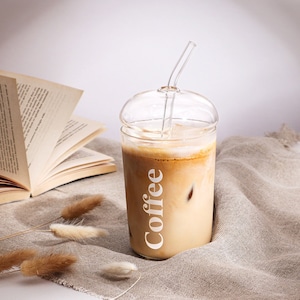 JAVA Personalisable Glass Coffee Cup with Dome Lid & Glass Straw | Bold Font | Size 450ml | Iced Coffee Matcha Cup