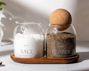 KAI Salt and Pepper Set of 2 Cork Ball Glass Jars | CLEAR Labels | Bespoke Minimalist Labels | Size 500ml | Organise Pantry