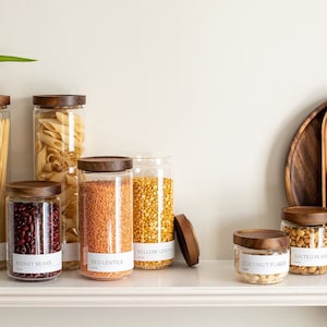DINALI Glass Jars with Natural Acacia Wood Lids | FREE Custom Minimalist Slim labels | Glass Pantry Jars | Organise Pantry | Eco Glass Jars