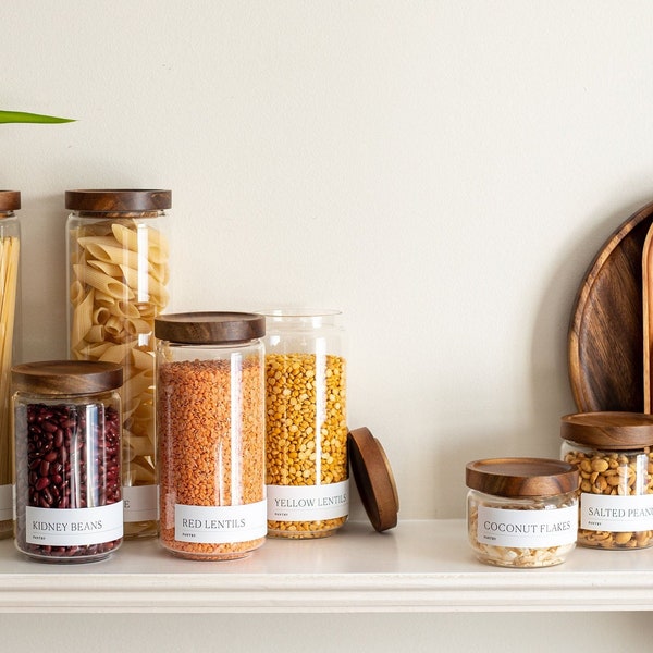 DINALI Glass Jars with Natural Acacia Wood Lids | FREE Custom Minimalist Slim labels | Glass Pantry Jars | Organise Pantry | Eco Glass Jars