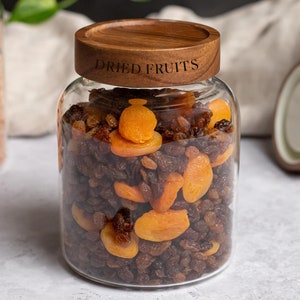 ALORA Engraved Glass Jars with Natural Acacia Wood Screw Top Lids | Glass Pantry Jars | Organise Pantry | Eco Glass Jars