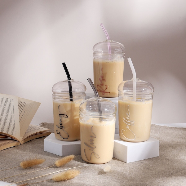 Personalisable Glass Coffee Cup with Loose Dome Lid & Glass Straw | Script Font | Size 450ml | Iced Coffee Matcha Cup