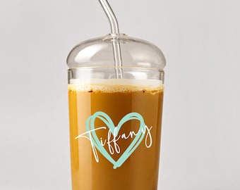 Tazza da caffè freddo in vetro personalizzata con coperchio a cupola e cannuccia (450 ml)