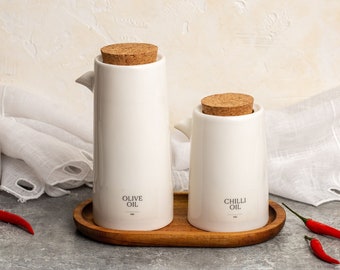 CELINE Personalised Oil & Vinegar Ceramic Pourer with Cork Lid | Free Clear Labels | Size 250ml, 400ml | Oil/Vinegar Dispenser