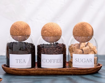 Glass Jars with Cork Ball Lid: Tea, Coffee, Sugar - Set of 3