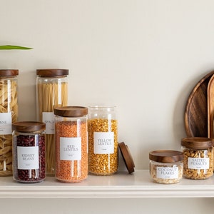 DINALI Glass Jars with Natural Acacia Wood Lids | FREE Custom Minimalist labels | Glass Pantry Jars | Organise Pantry | Eco Glass Jars
