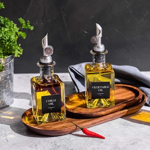 CUBE Oil & Vinegar Square Glass Bottle Pourer | Size 200ml  | Silver, Bronze Gold Pourer | Black labels | Organise Pantry | Oil Dispenser