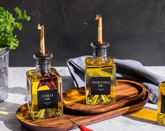 CARMEN Gold Oil & Vinegar Square Glass Bottle Pourer | Size 200ml | Custom Black labels  | Organise Pantry | Oil/Vinegar Dispenser