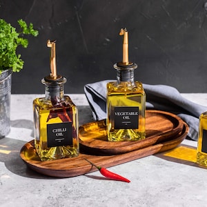 CARMEN Gold Oil & Vinegar Square Glass Bottle Pourer | Size 200ml | Custom Black labels  | Organise Pantry | Oil/Vinegar Dispenser