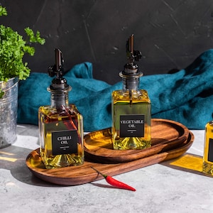 TAI Oil & Vinegar Square Glass Bottle Pourer | Size 200ml  | Silver, Gold, Black, Rose Gold Pourer | Black Labels | Oil/Vinegar Dispenser