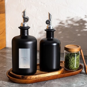 RAVEN Oil & Vinegar Black Frosted Glass Bottle Pourer | Size 500ml | Custom SILVER Label | Bronze Gold , Silver Pourer | Oil Dispenser