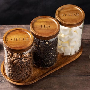 SERENA Natural Acacia Glass Jars with Engraved Tea Coffee Sugar Pantry Lids | Coffee Canister | Size 450ml and 750ml