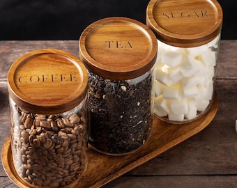 Gravierte Akazien Holzdeckel Gläser: Tee, Kaffee, Zucker Kanister