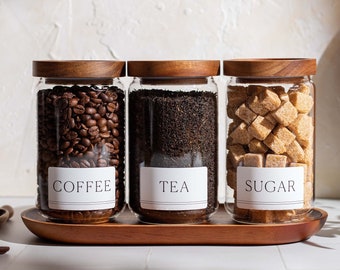 Acacia Wood Lid Glass Jars: Tea, Coffee, Sugar - Set of 3 (750ml)