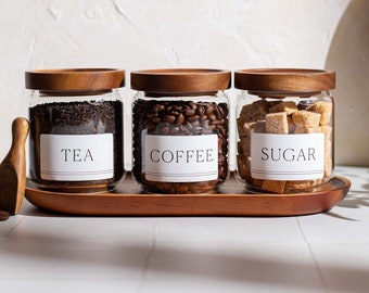 Acacia Wood Lid Glass Jars: Tea, Coffee, Sugar - Set of 3 (450ml)