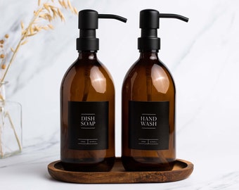 NERO Hand Soap & Dish Soap Amber Glass Bottle Set Of Two with Acacia Tray | Refillable Bottle With  Stainless Steel Dispenser | BLACK Label