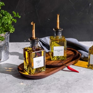 CARMEN Gold Oil & Vinegar Square Glass Bottle Pourer | Size 200ml | FREE Custom labels  | Organise Pantry | Oil/Vinegar Dispenser