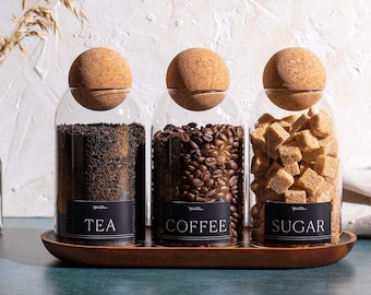 Cork Ball Glass Jars: Tea, Coffee, Sugar - Matte Black Labels