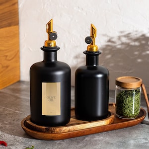 RAVEN Oil & Vinegar Black Frosted Glass Bottle Pourer | Size 500ml | Custom GOLD Label | Bronze Gold , Silver Pourer | Oil Dispenser