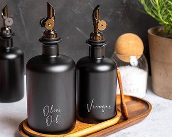 KINNA Oil & Vinegar Black Frosted Glass Bottle Pourer | Size 500ml | Decal labels | Gold , Silver, Rose Gold, Black Pourer | Oil Dispenser