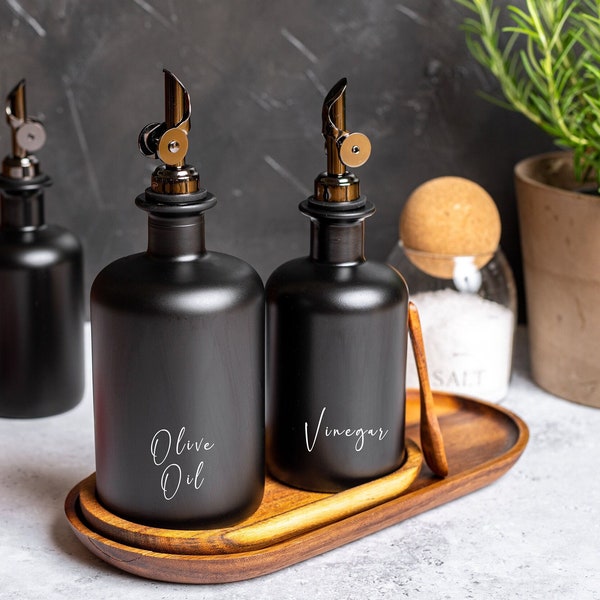 KINNA Oil & Vinegar Black Frosted Glass Bottle Pourer | Size 500ml | Decal labels | Gold , Silver, Rose Gold, Black Pourer | Oil Dispenser