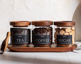 Acacia Wood Lid Glass Jars: Tea, Coffee, Sugar - Set of 3 (450ml)