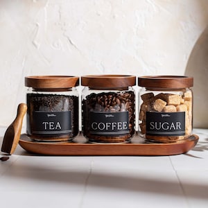 NOMI Set of 3 Natural Acacia Glass Jars with Tea Coffee Sugar Pantry Matte Slim Black Labels |  Minimalist Labels | Size 450ml