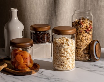 SKYE Glass Jars with Natural Acacia Wood Lids | Glass Pantry Jars | Organise Pantry | Eco Glass Jars