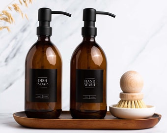 NERO Hand Soap & Dish Soap Glass Bottle Set Of Two with Tray and Brush  | Refillable Bottle With Stainless Steel Dispenser | BLACK Label