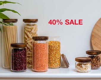 SALE DINALI Glass Jars with Natural Acacia Wood Lids | Minor scratches and blemishes on Glass or/and lid | Non Refundable