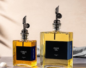Lot De 2 Distributeurs D’huile En Verre 500 Ml – Bec Verseur Inox, étiquettes, Pour Cuisine