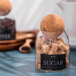 EBONY Cork Ball Glass Jar | Pantry Matte Black Labels | Bespoke Minimalist Labels | Size 500ml | Organise Pantry