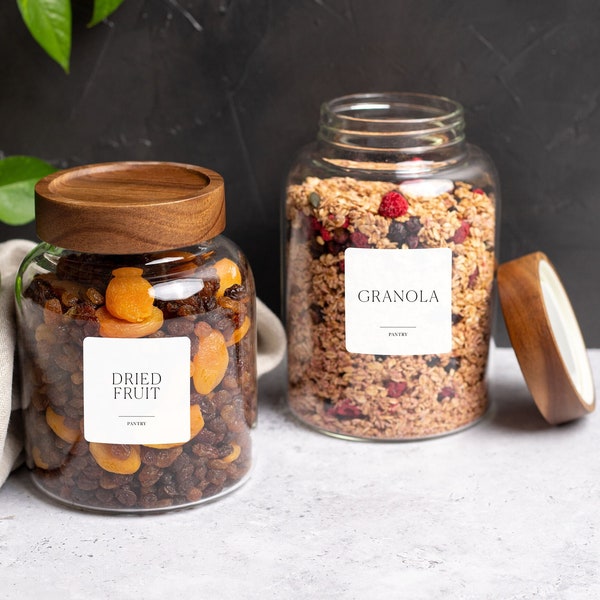 ALORA Glass Jars with Natural Acacia Wood Screw Top Lids | FREE custom labels | Glass Pantry Jars | Organise Pantry | Eco Glass Jars